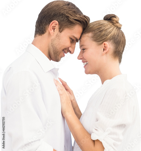 Digital png photo of happy caucasian couple touching on transparent background
