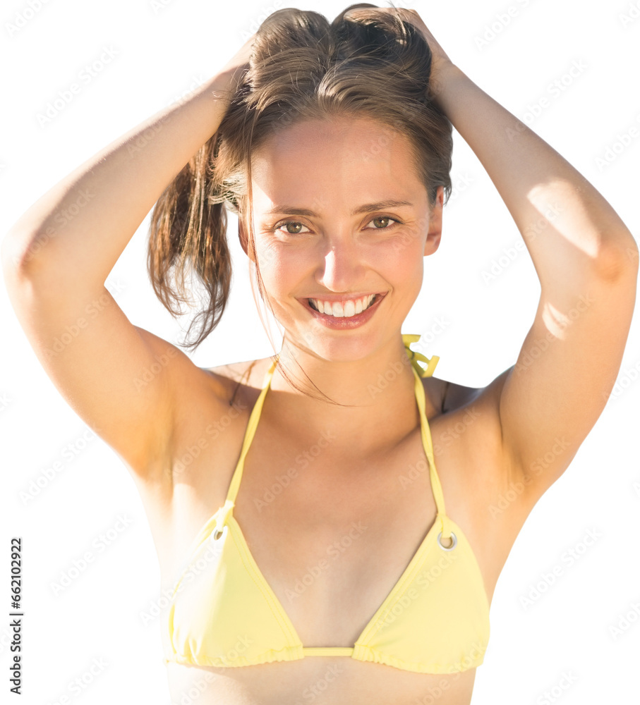 Digital png photo of happy caucasian woman in swimsuit with hands on head on transparent background Digital png photo of happy caucasian woman in swimsuit with hands on head on transparent background