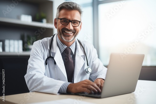 A middle age doctor writing on his laptop, looking at his laptop,background blur. Generative AI.