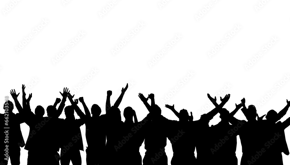 Digital png silhouette image of people raising hands on transparent background Digital png silhouette image of people raising hands on transparent background