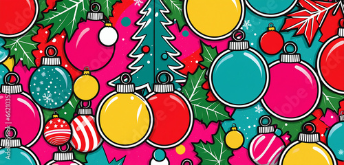 Colorful christmas comic style illustration with christmas balls. Vibrant colors. Bold outlines