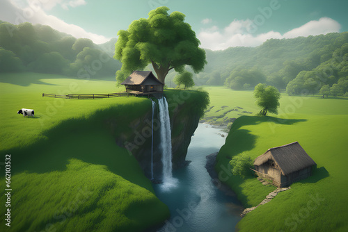 There is a tree standing in the middle of a green field. And draw a landscape with a waterfall and a hut in the distance, like a photo taken with a drone. Generative AI photo