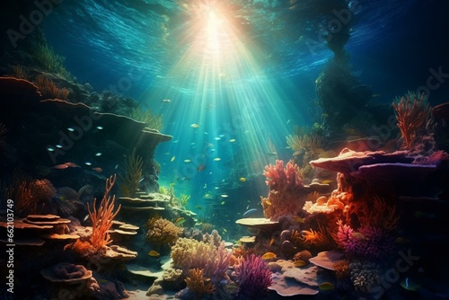 Mesmerizing underwater scenery with glowing light rays filtering through coral reef. Generative AI © William