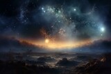 A beautiful fantasy galaxy filled with glittering stars, black holes, and a bright atmosphere. Generative AI