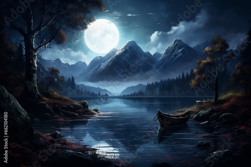 a night time scene with a boat on the water, full moon, distant mountains, lake, trees, and rocks in the foreground. Generative AI photo