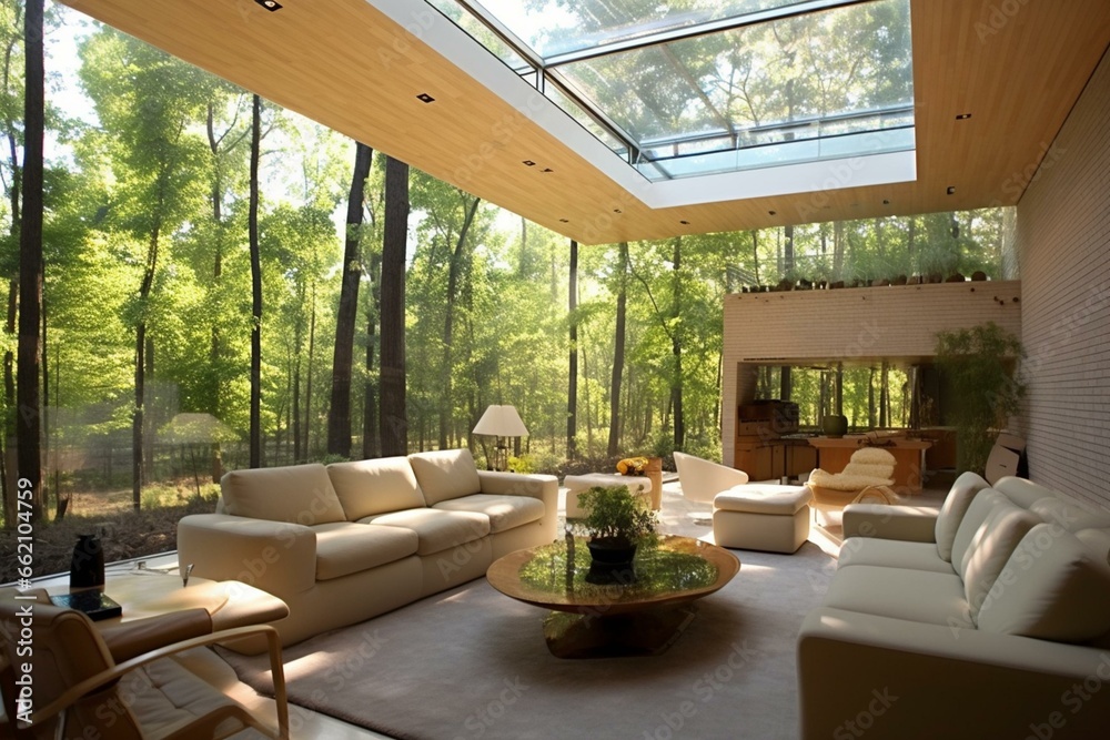 Spacious living room with ceiling skylight, modern furniture, glass walls showing forest scenes. Generative AI