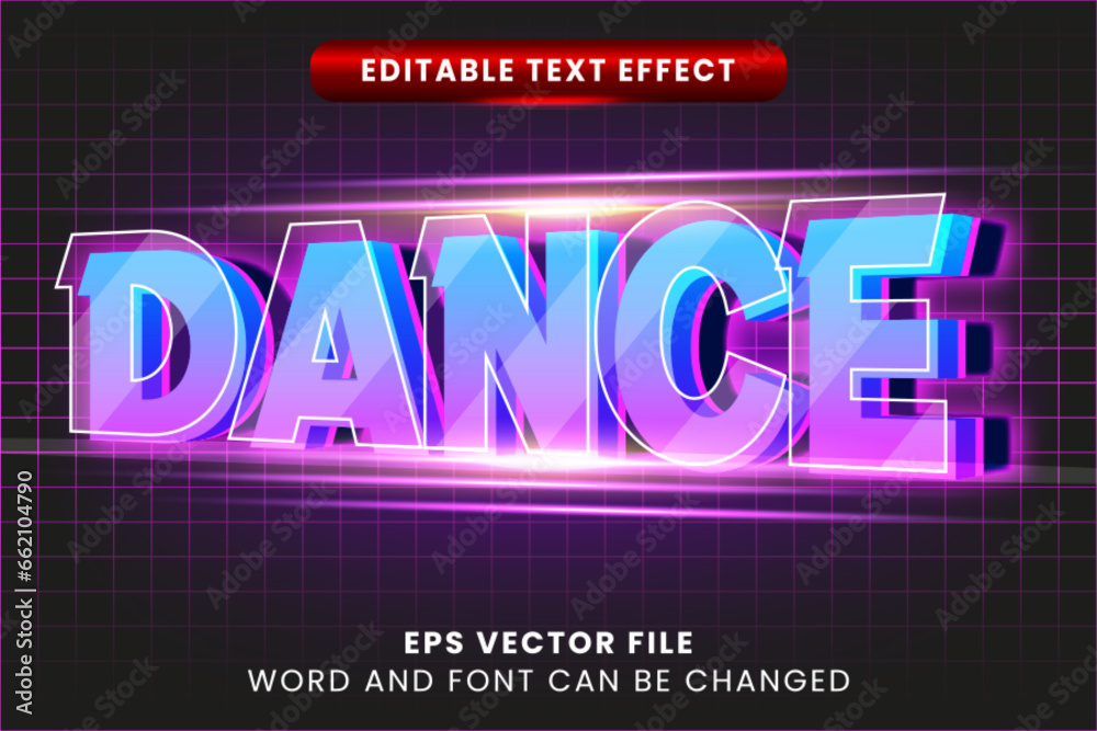 Dance neon glow 3d editable vector text effect