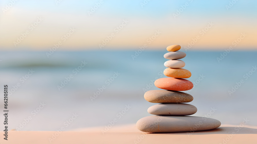 A minimalist view of a perfectly stacked arrangement of colorful pebbles on a serene beach, Pebble Stack in Minimalist zen balance, Stack of stones on the beach promoting mediation yoga mindfulness - obrazy, fototapety, plakaty 