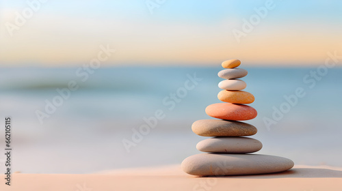 A minimalist view of a perfectly stacked arrangement of colorful pebbles on a serene beach, Pebble Stack in Minimalist zen balance, Stack of stones on the beach promoting mediation yoga mindfulness