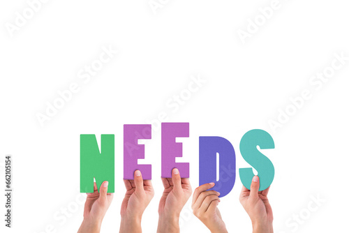 Digital png illustration of hands and needs text on transparent background
