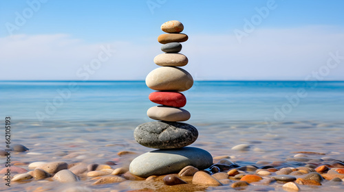 Stack of stones on the beach, A minimalist view of a perfectly stacked arrangement of colorful pebbles on a serene beach, Pebble Stack in Minimalist Balance