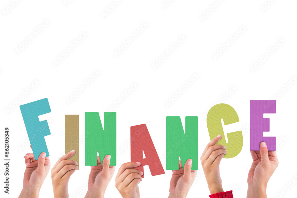 Digital png illustration of hands and finance text on transparent background Digital png illustration of hands and finance text on transparent background