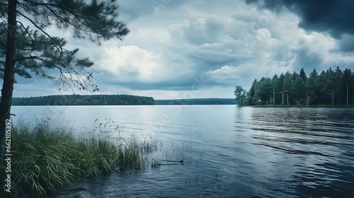 Tranquil lakeside with an impending thunderstorm