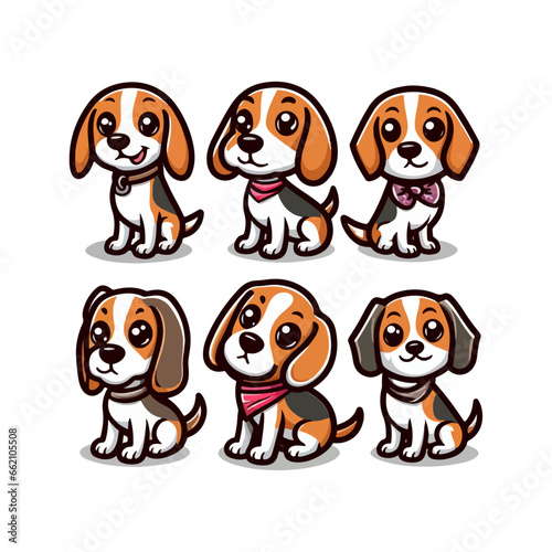 Cute cool beagle puppy set. Collection of  dog in various poses and actions. Vector illustration of domestic pet behavior © kobkik