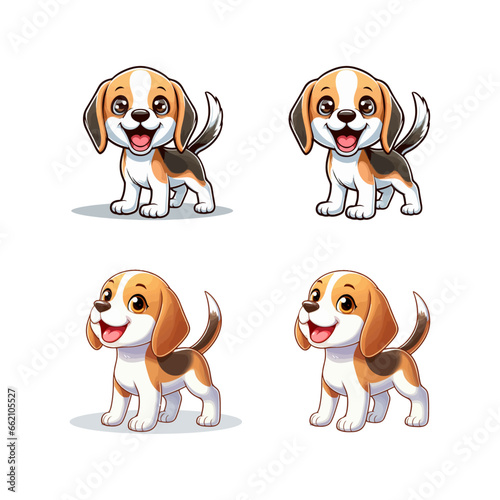 Cute cool beagle puppy set. Collection of  dog in various styles. Vector illustration of domestic pet behavior
