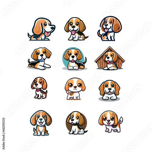 Cute cool beagle puppy set. Collection of dog in various poses and actions. Vector illustration of domestic pet behavior