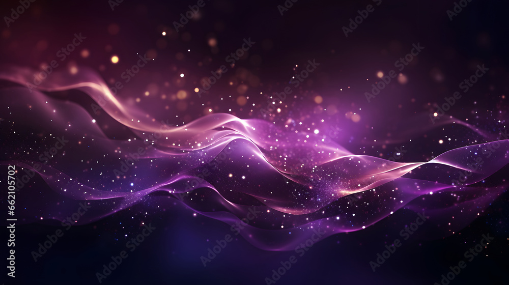 Fototapeta premium Digital purple particles wave and light abstract background with shining dots stars.