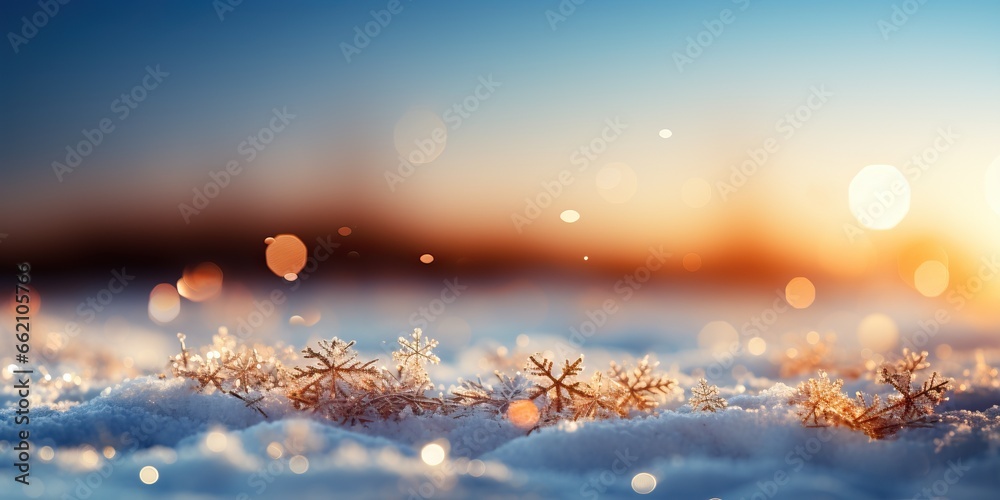 Christmas background with snowflakes and bokeh lights at sunset.