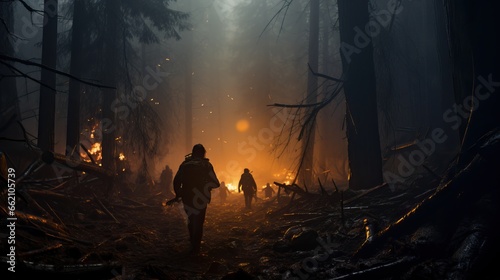 Silhouette of a man in a dark forest during a fire