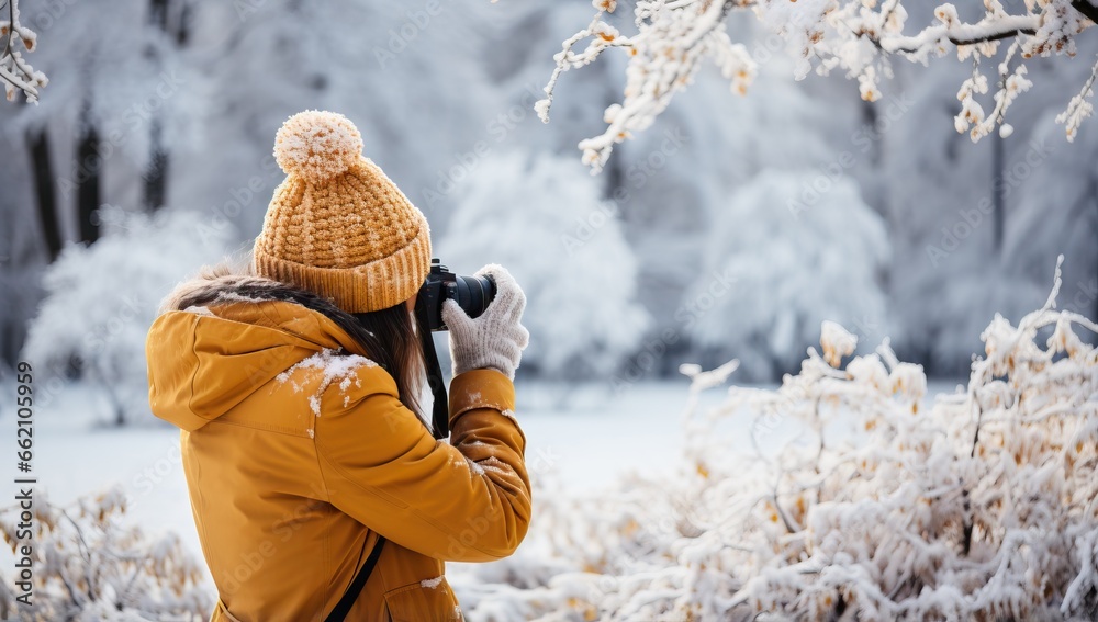 Female photographer taking picture of beautiful winter forest landscape with snow covered trees. - obrazy, fototapety, plakaty 