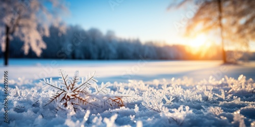 Beautiful winter landscape with snowflakes and sun in the background