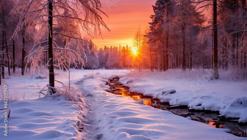 Beautiful winter landscape with a frozen river and sunset in the forest © Meow Creations