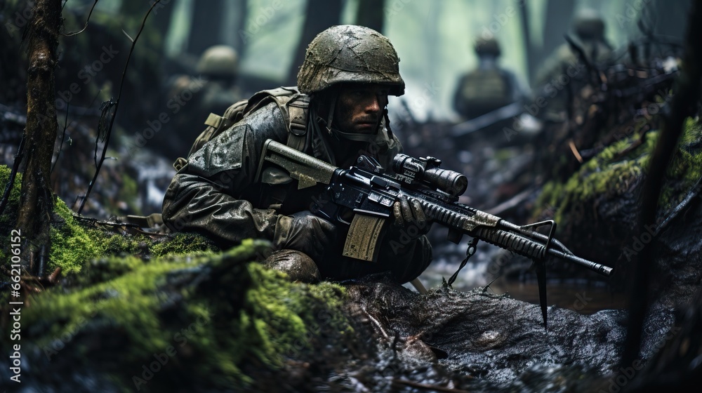 Special forces soldier with assault rifle in the jungle