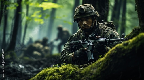 Army soldier with assault rifle in the forest.