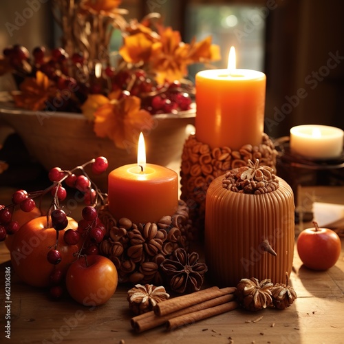 Thanksgiving-themed candles and candleholders  often scented with warm spices  fill the air with a cozy and inviting fragrance  Generative AI