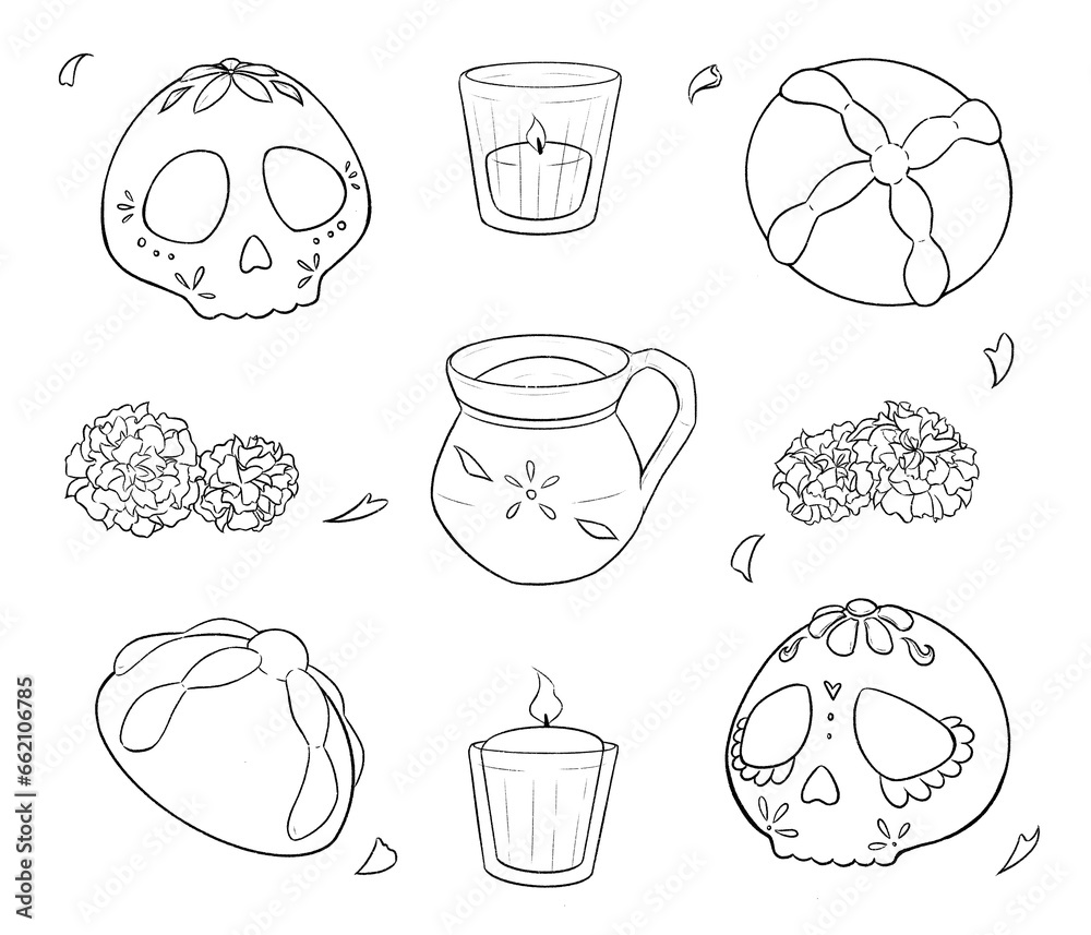 Ilustración digital de elementos para ofrenda del Día de Muertos