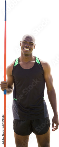 Digital png photo of happy african american man with javelin on transparent background