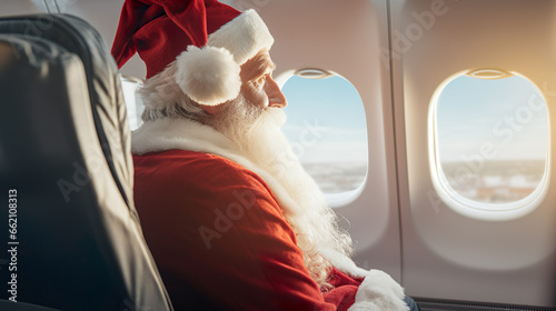 Santa Claus is getting ready to travel the world to meet children. Santa Claus in airplane. photo