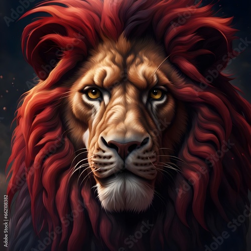 In the heart of a crimson dusk  a magnificent lion stands  the epitome of regality and strength. Its form is a testament to nature s grandeur  each sinew and muscle defined in elegant power. The dark 