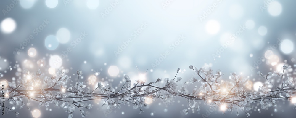 Sparkling silver branches on a light silver blur background, creating a magical and festive atmosphere. Template for Christmas and New Year cards, social media posts, and website designs. Copy space.