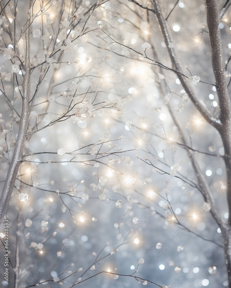 Sparkling silver branches on a light silver blur background, creating a magical and festive atmosphere. Template for Christmas and New Year cards, social media posts, and website designs. Copy space. Sparkling silver branches on a light silver blur background, creating a magical and festive atmosphere. Template for Christmas and New Year cards, social media posts, and website designs. Copy space.