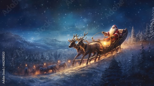 Santa Claus riding in a sleigh pulled by reindeer across a starlit sky, symbolizing the magical journey on Christmas Eve © kwanchaift