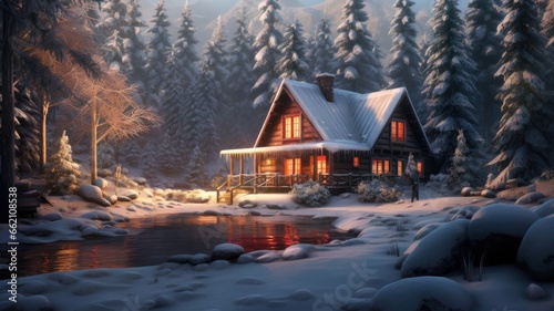 A snowy landscape with snow-covered trees and a cozy cabin, capturing the magical essence of a winter wonderland