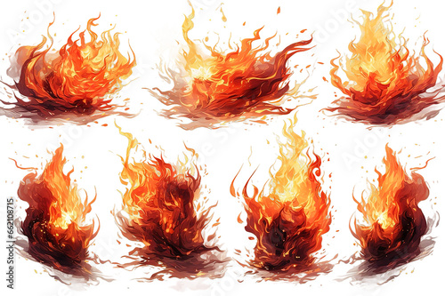 Fire - the line of fire created by excellent flames on a horizontal surface - a large set of fiery elements on a transparent background. AI Generated