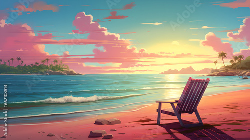 Sunset coastal sea and pink clouds background illustration, 2D cartoon style, Generative AI © Crowcat