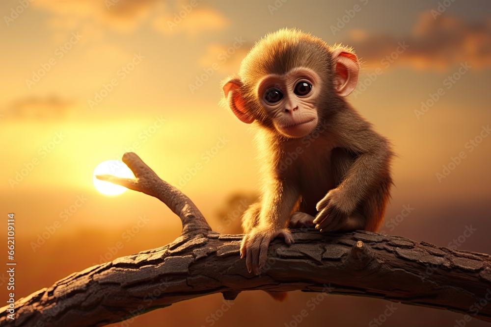 a baby monkey is sitting on a branch at sunset - obrazy, fototapety, plakaty 