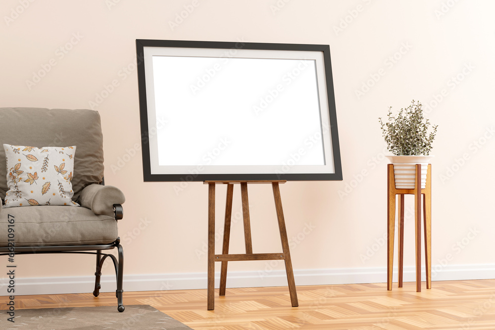 3D rendering of a landscape blank photo frame on an easel stand 3D rendering of a landscape blank photo frame on an easel stand