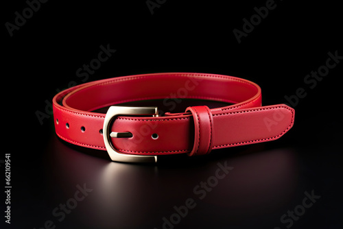 Women leather red belt on black background. photo