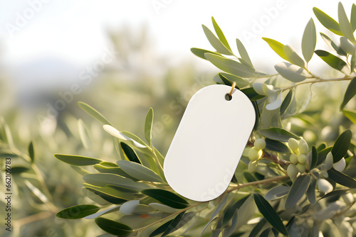 Blank gift tag with rope on olive trees background. Label layout. Invitation tag. Sale, branding concept