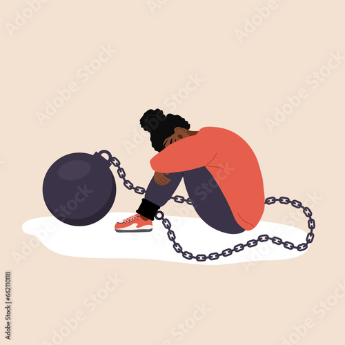 Self flagellation. Sad african woman with heavy wrecking ball feeling guilty. Concept of psychological self-harm, criticism, judgment. Mental problems. Vector illustration in flat cartoon style.