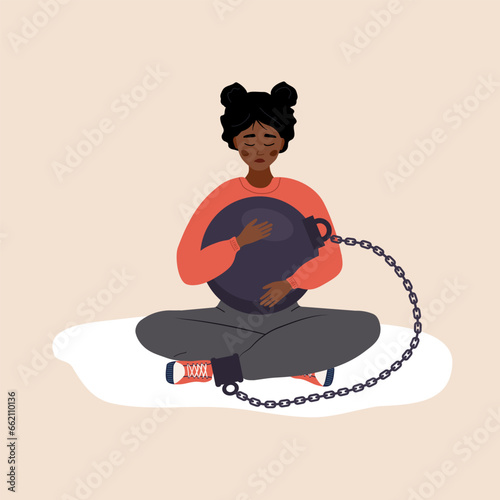 Self flagellation. Sad african woman hugging heavy wrecking ball and feeling guilty. Concept of psychological self-harm, criticism, judgment. Mental problems. Vector illustration in cartoon style.