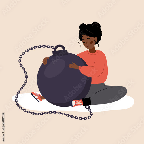 Self flagellation. Sad african woman hugging heavy wrecking ball and feeling guilty. Concept of psychological self-harm, criticism, judgment. Mental problems. Vector illustration in cartoon style.
