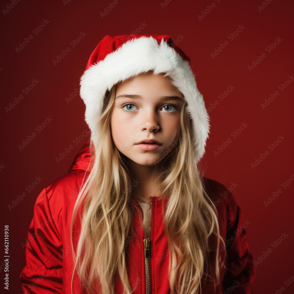 A young girl dressed as santa looking neutral A young girl dressed as santa looking neutral