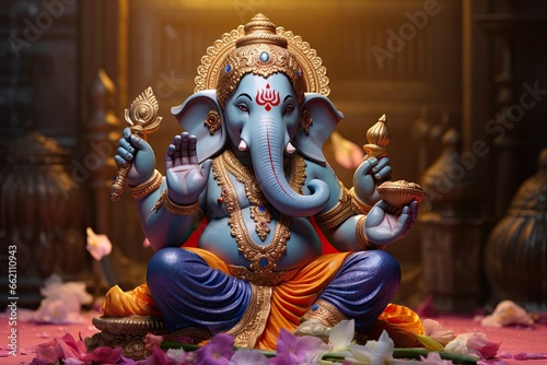 the lord ganesh statue is dressed in floral ornaments
