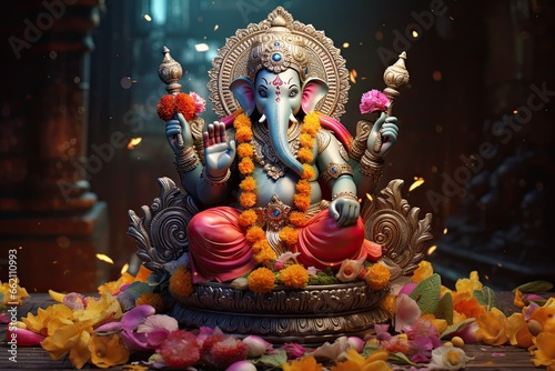 the lord ganesh statue is dressed in floral ornaments
