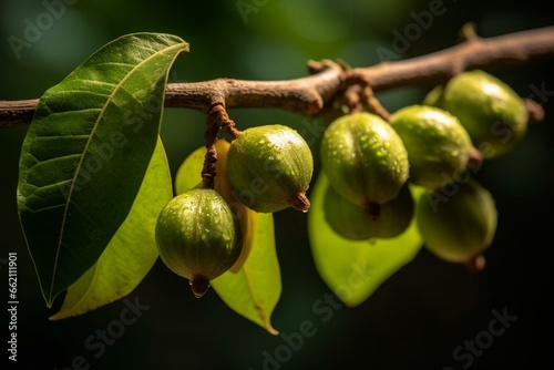 Picture of small unripe walnuts hanging from a branch. Generative AI